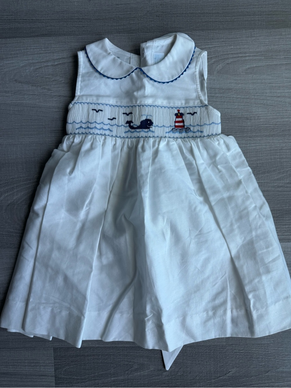 White Smocked Dress with Navy Trim